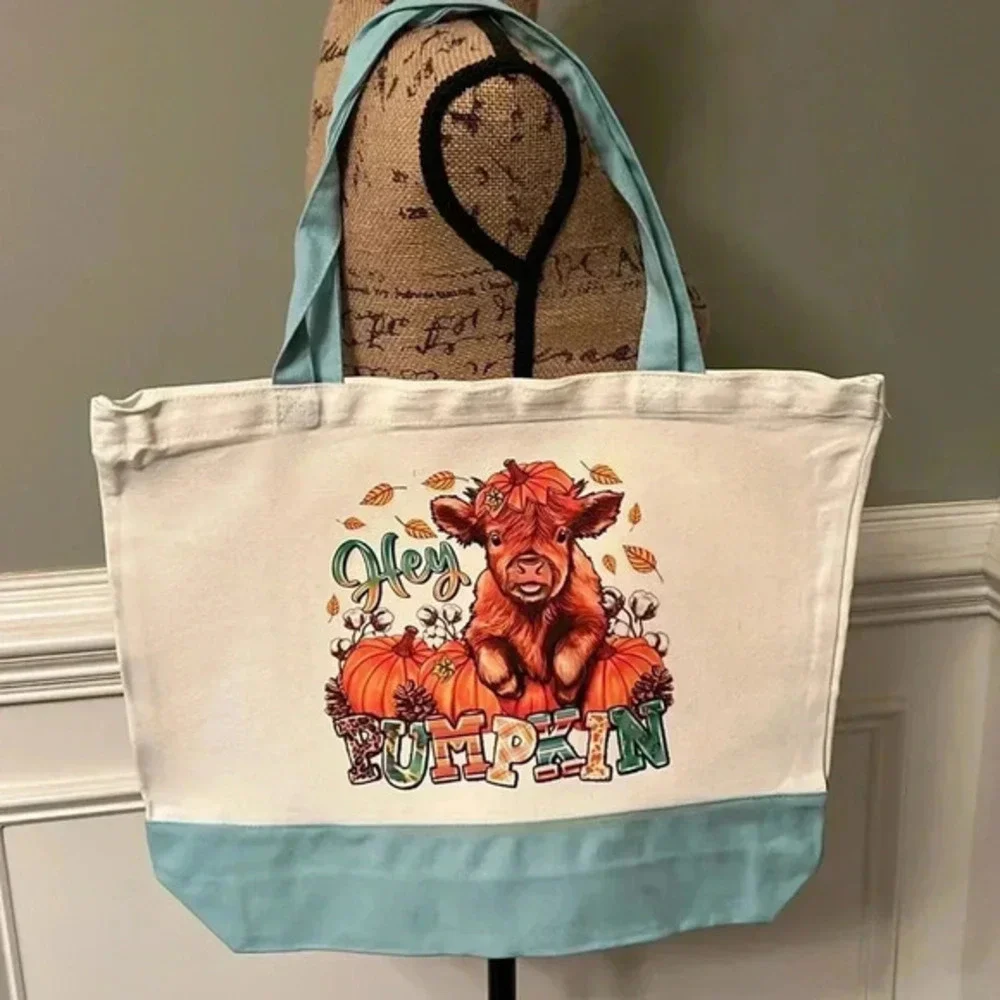 “Hey Pumpkin” Highland Cow / Fall Canvas Tote Bag - Fall/Autumn Design